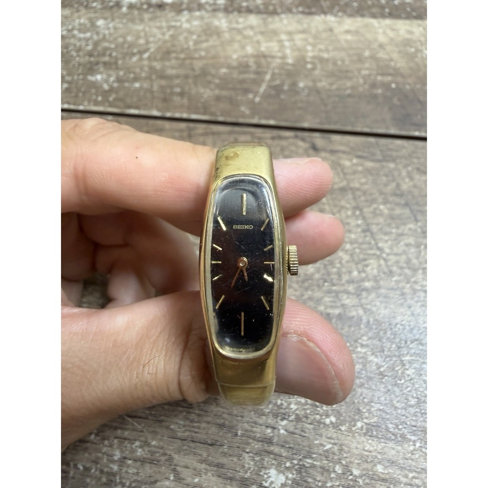 Vintage 80s Seiko Smokey Dial Dainty Gold Tone Cylinder Wind-Up Ladies